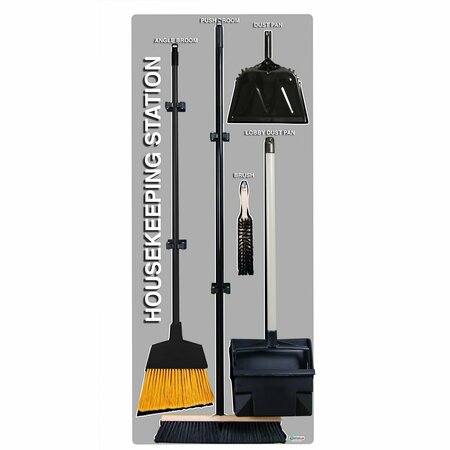 5S SUPPLIES 5S Housekeeping Shadow Board Broom Station Version 1 - Gray Board / Black Shadows  With Broom HSB-V1-GRAY/BLACK-KIT